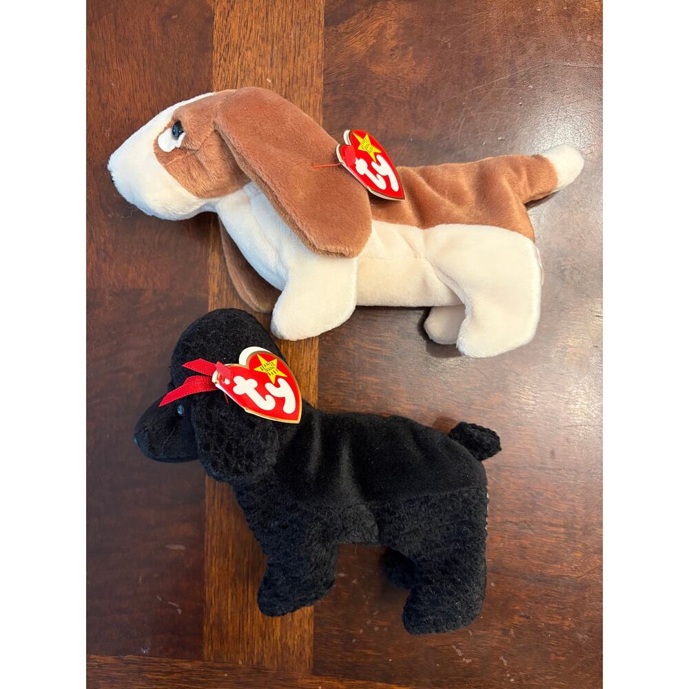 Vintage Ty Beanie Babies Lot: Tracker Basset & GiGi Poodle Dogs